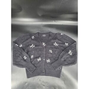 Y2K Driftwood Black Flowers Intarsia‎ Cardigan Sweater Size M V Front